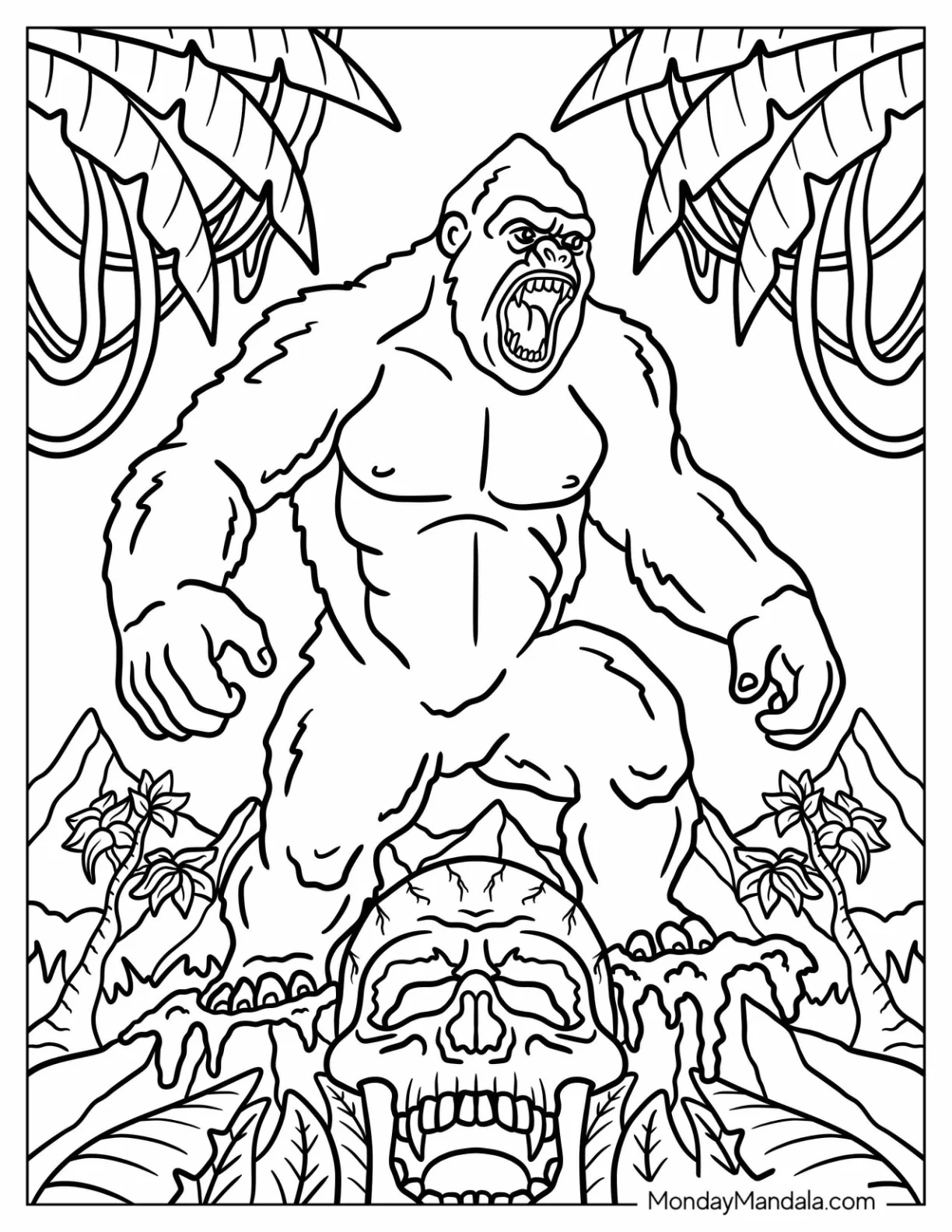 King Kong Standing in Front of Massive Skull in Scary Jungle Coloring Page coloring page