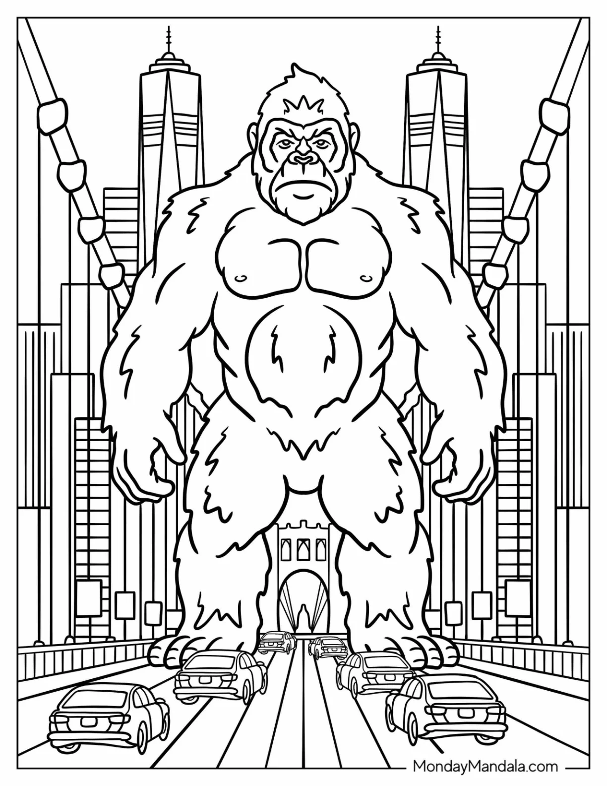 Mighty King Kong Coloring Page Standing in San Francisco Golden Gate Bridge for Kids coloring page