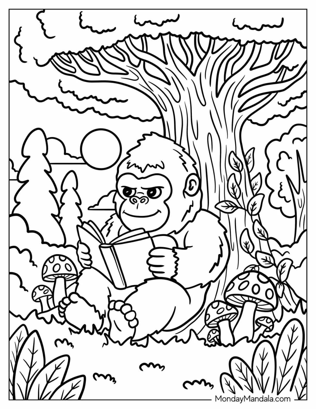 Nerdy King Kong Coloring Page Reading a Book Under a Tree for Kids coloring page