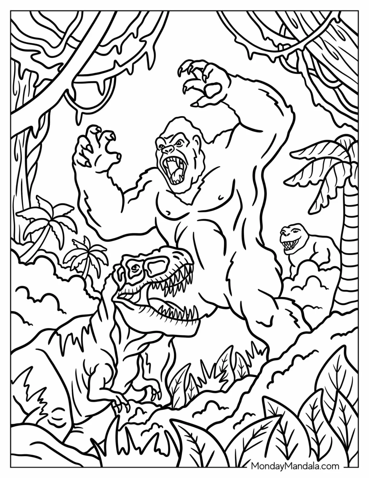 Powerful King Kong Coloring Page Fighting Dinosaurs coloring page