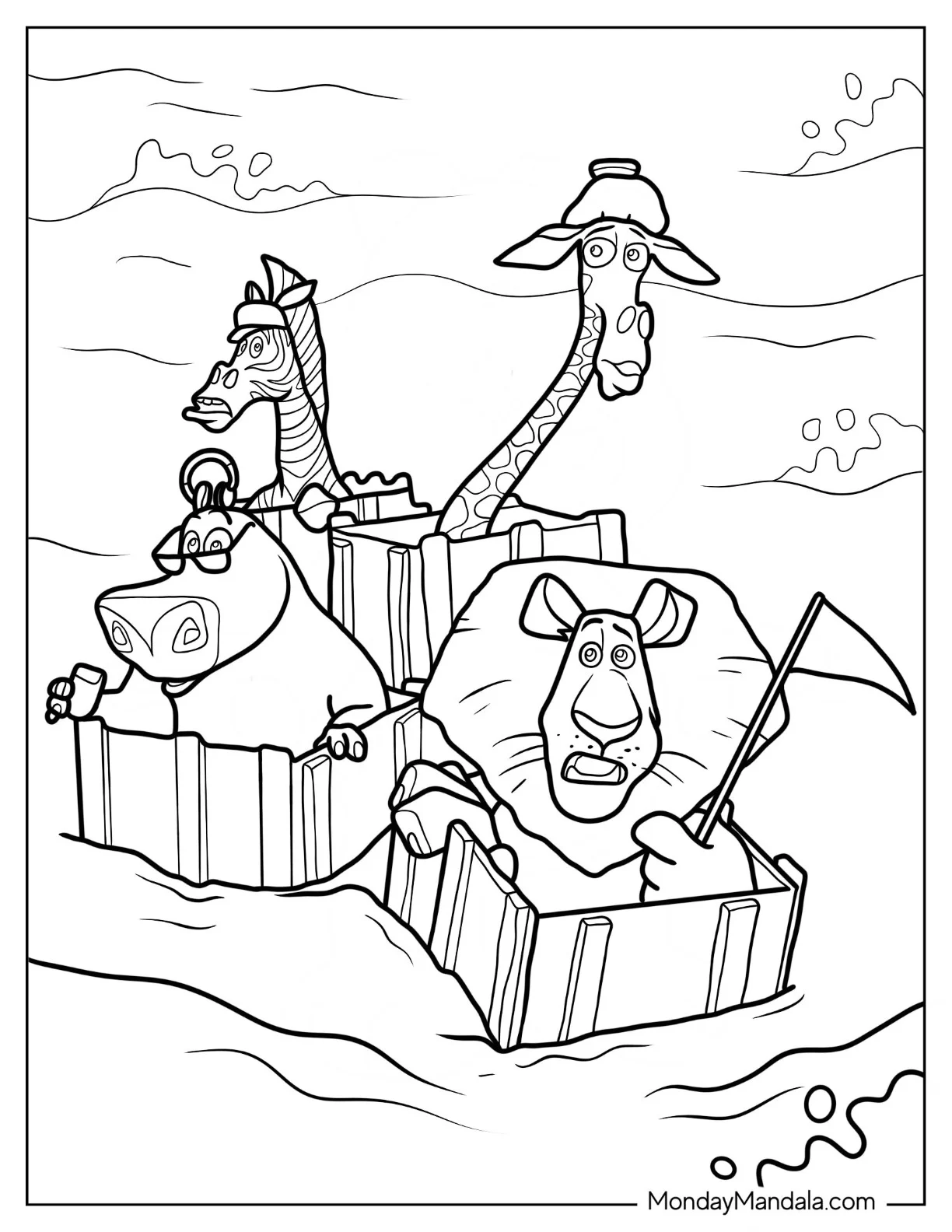 Alex, Marty, Gloria, And Melman Shipwrecked To Madagascar Coloring Page coloring page — printable line art