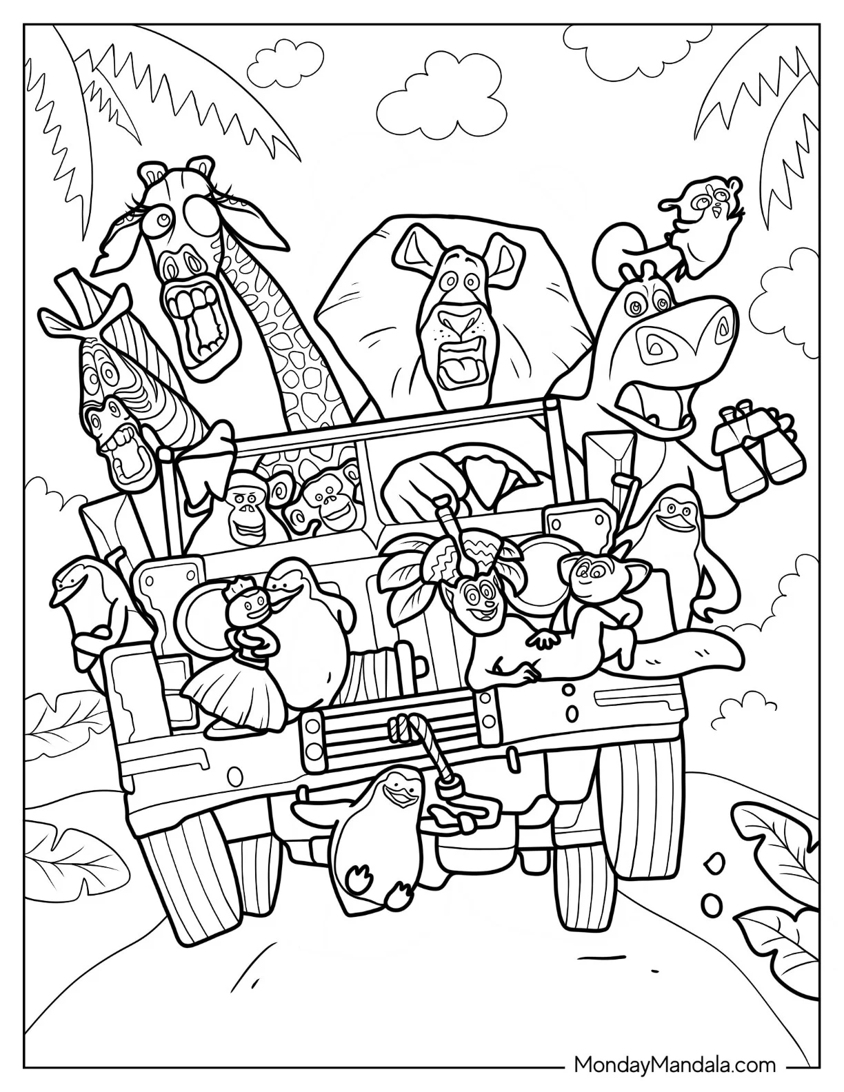 Madagascar Coloring Page Of Alex, Marty, And Friends Riding Jeep coloring page — printable line art