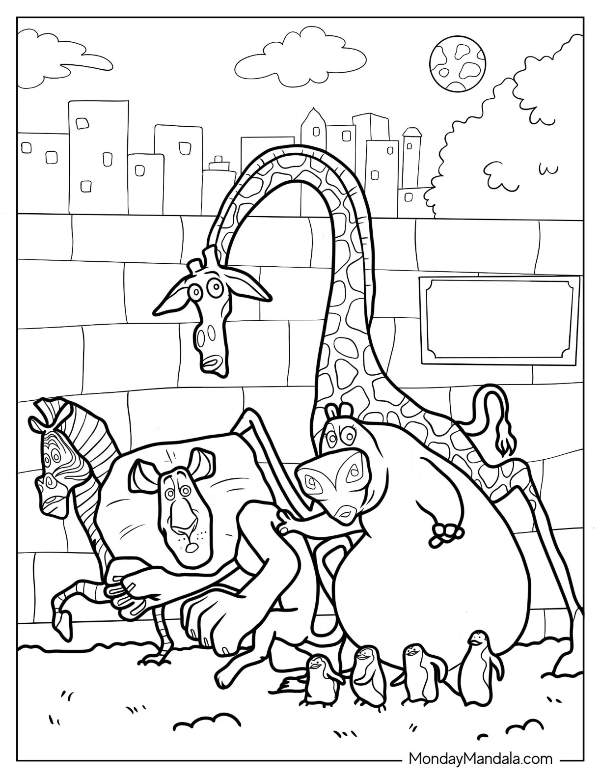 Madagascar Coloring Page Of Alex, Marty, Gloria, And Melman Sneaking Out coloring page