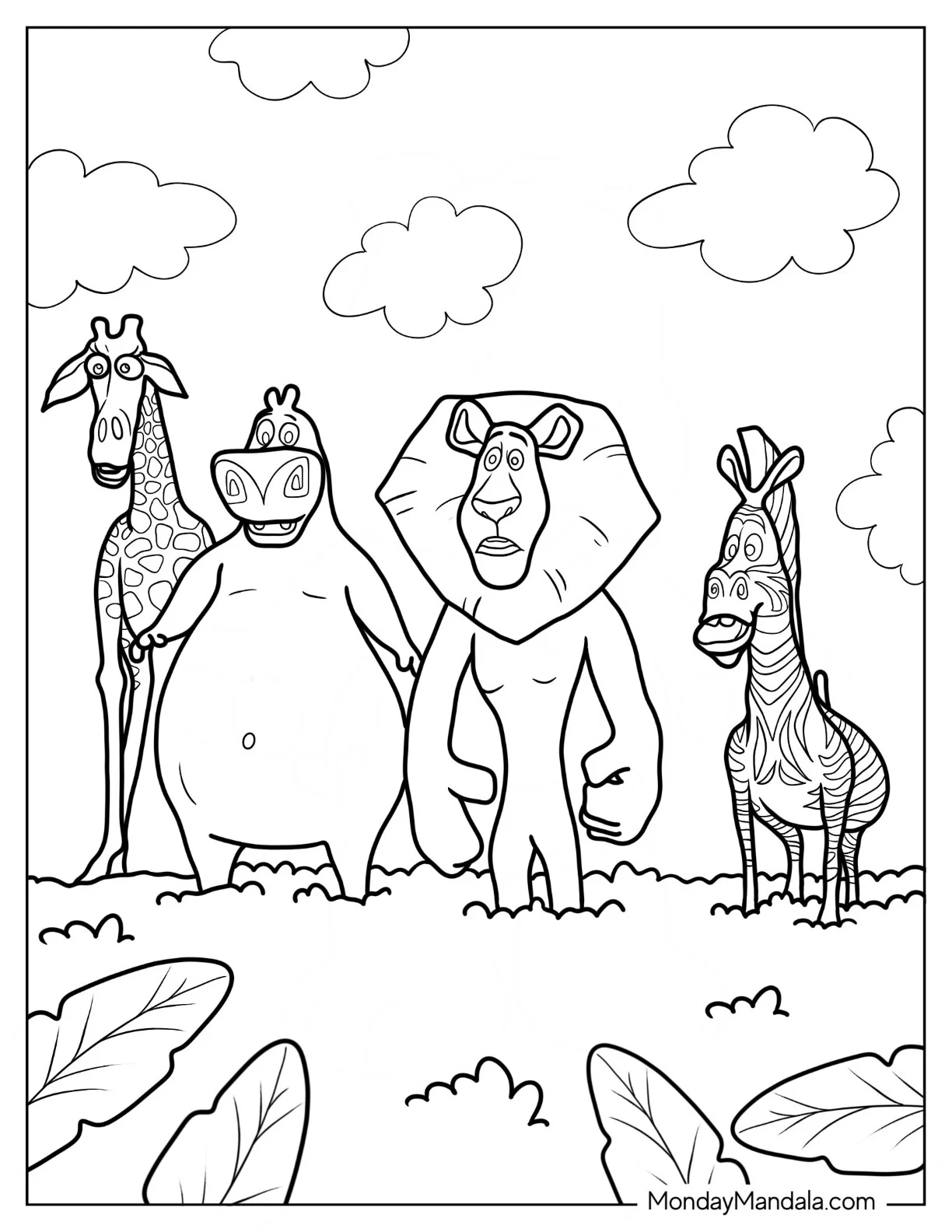 Melman, Gloria, Alex, And Marty In Madagascar Coloring Page coloring page