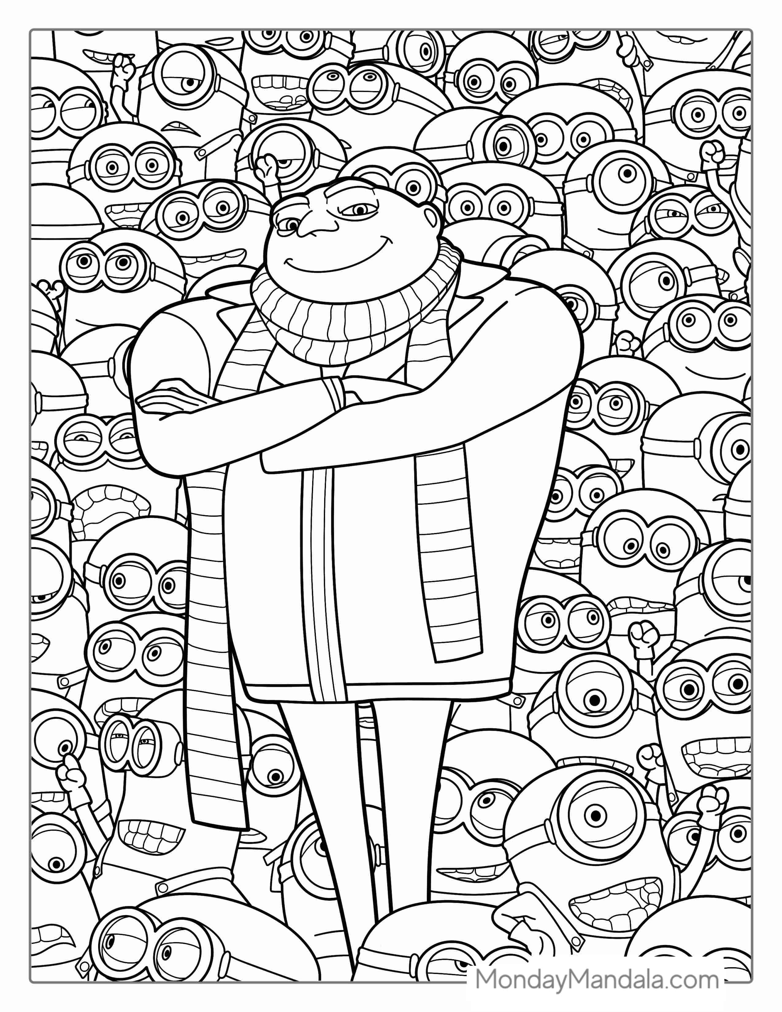 Detailed Coloring Page Of Gru With Minions For Adults coloring page