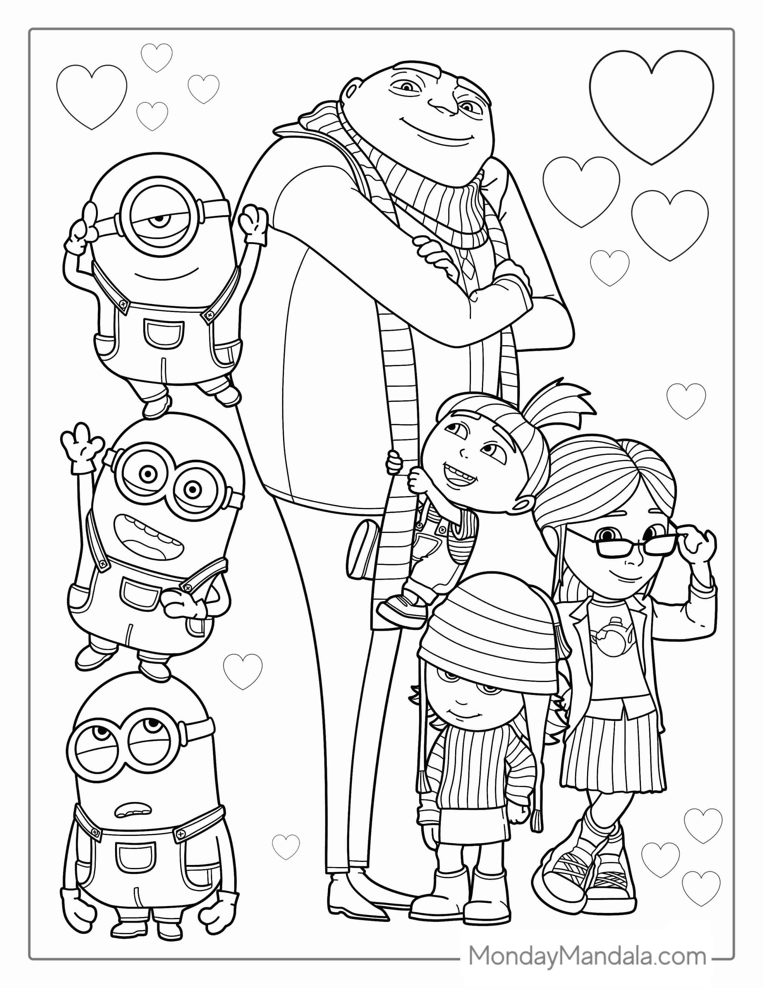 Gru With Minions And Foster Girls To Color coloring page