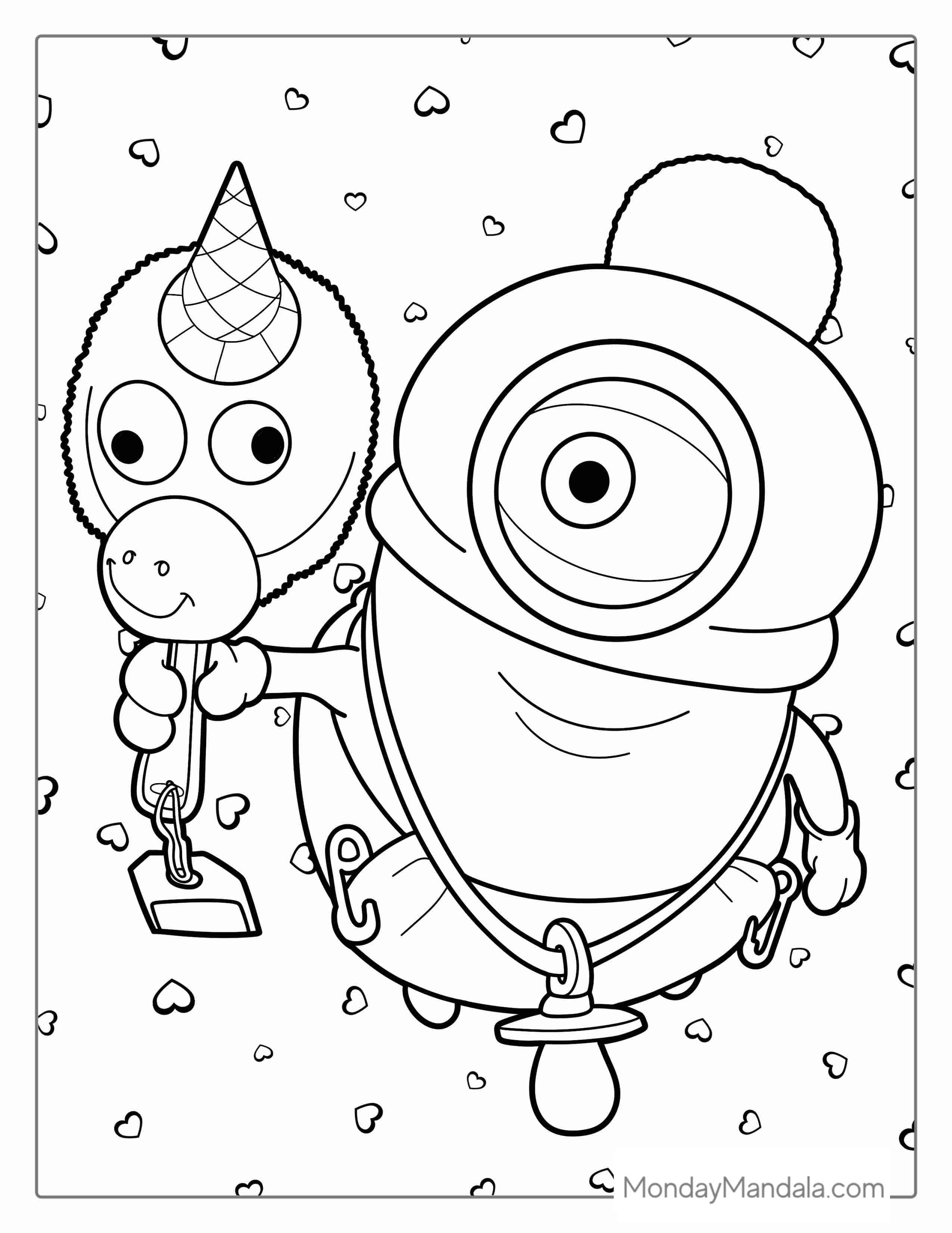 Minion Stuart Dressed As Baby Holding Unicorn Toy coloring page