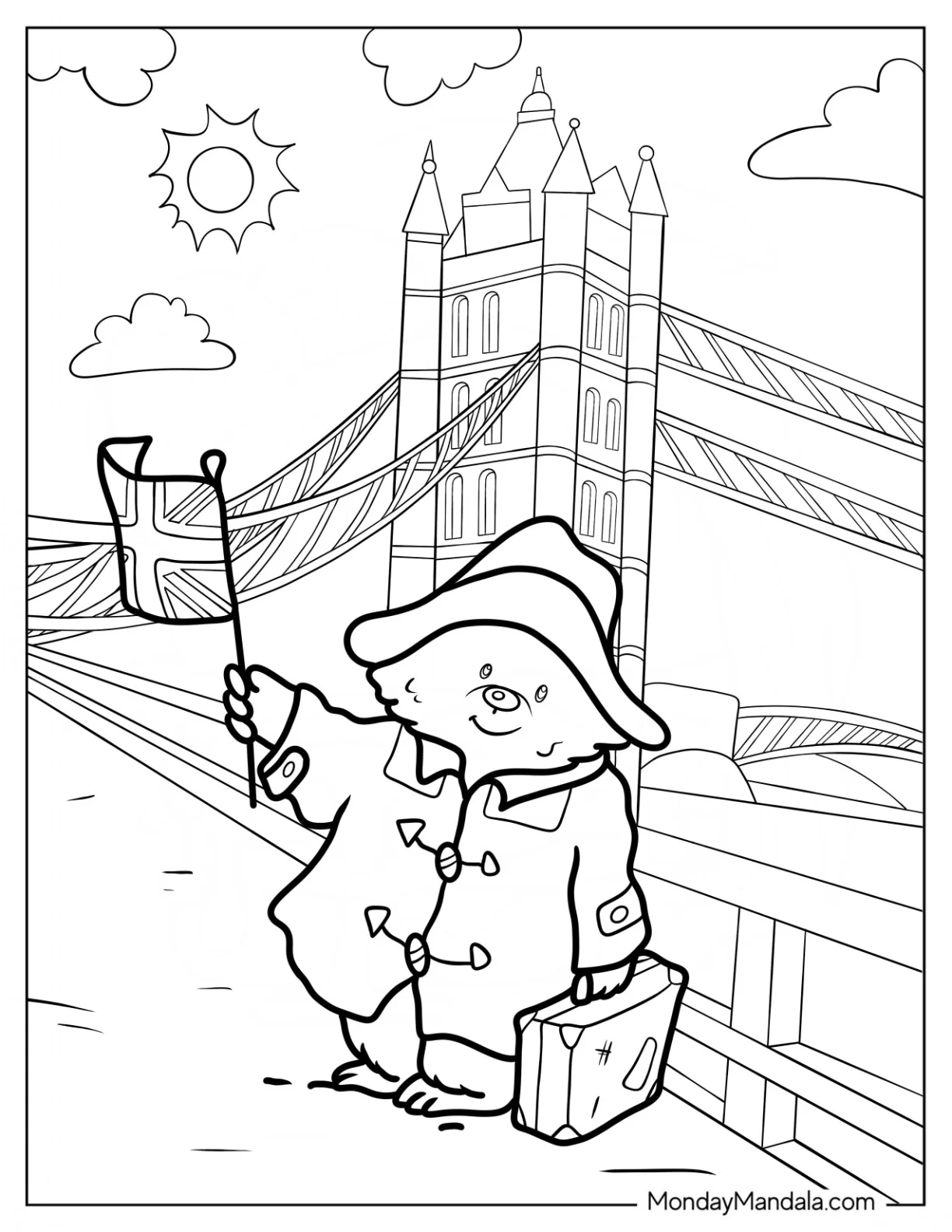 Cute Paddington Coloring Page Bear Waving The British Flag In Front Of London Bridge coloring page