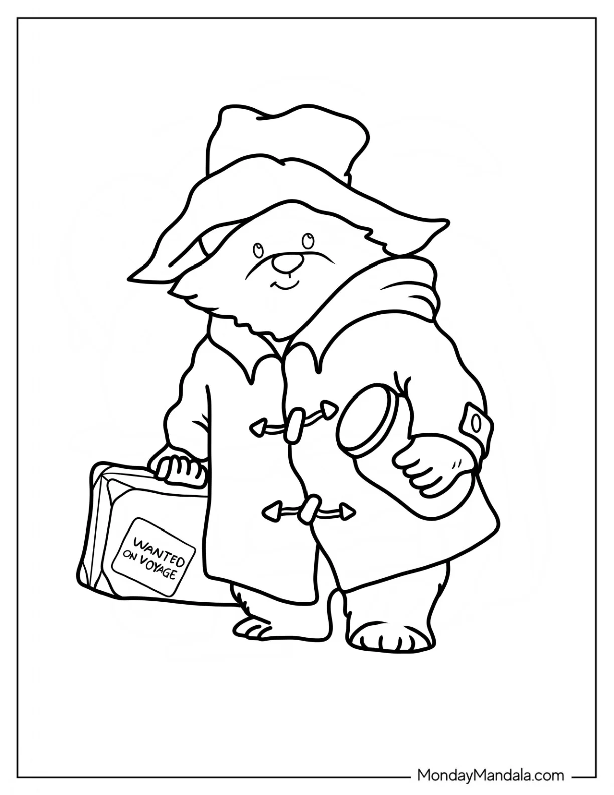Easy Paddington Coloring Page Outline With Suitcase And Jar For Preschoolers coloring page