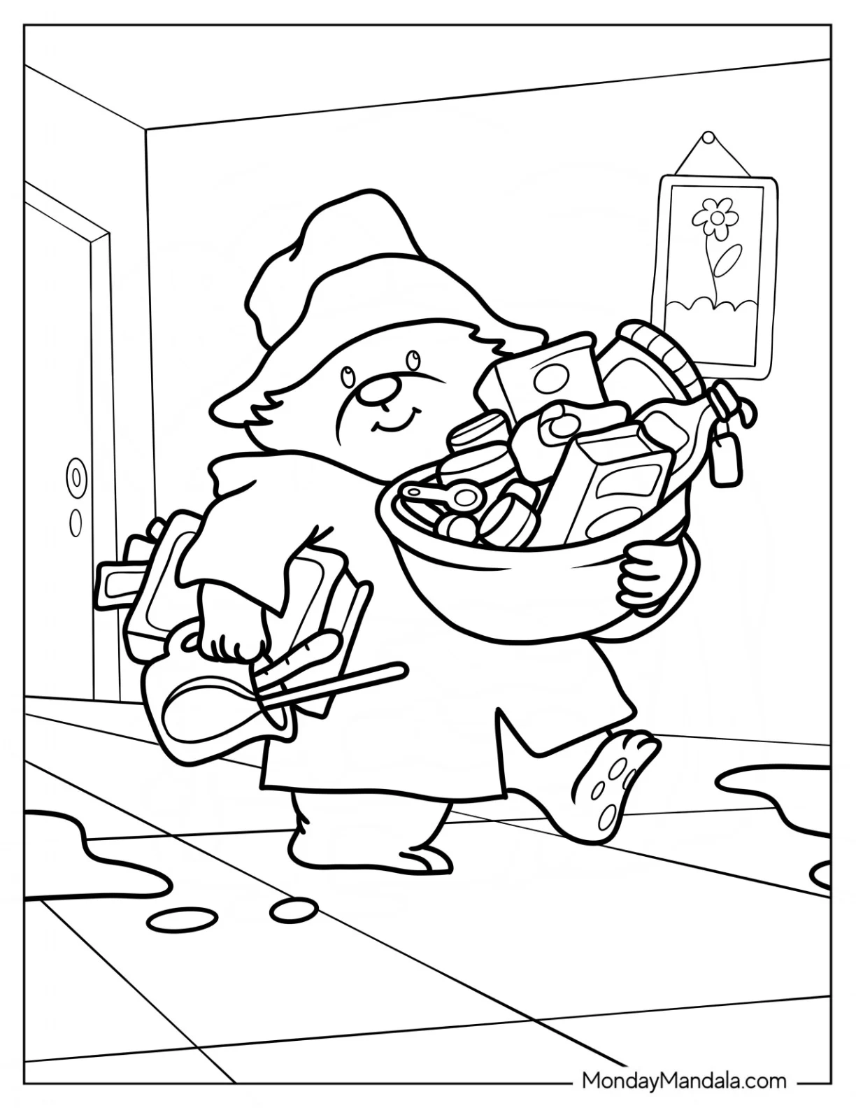 Kawaii Paddington Coloring Page Carrying A Bundle Of Things For Kids coloring page