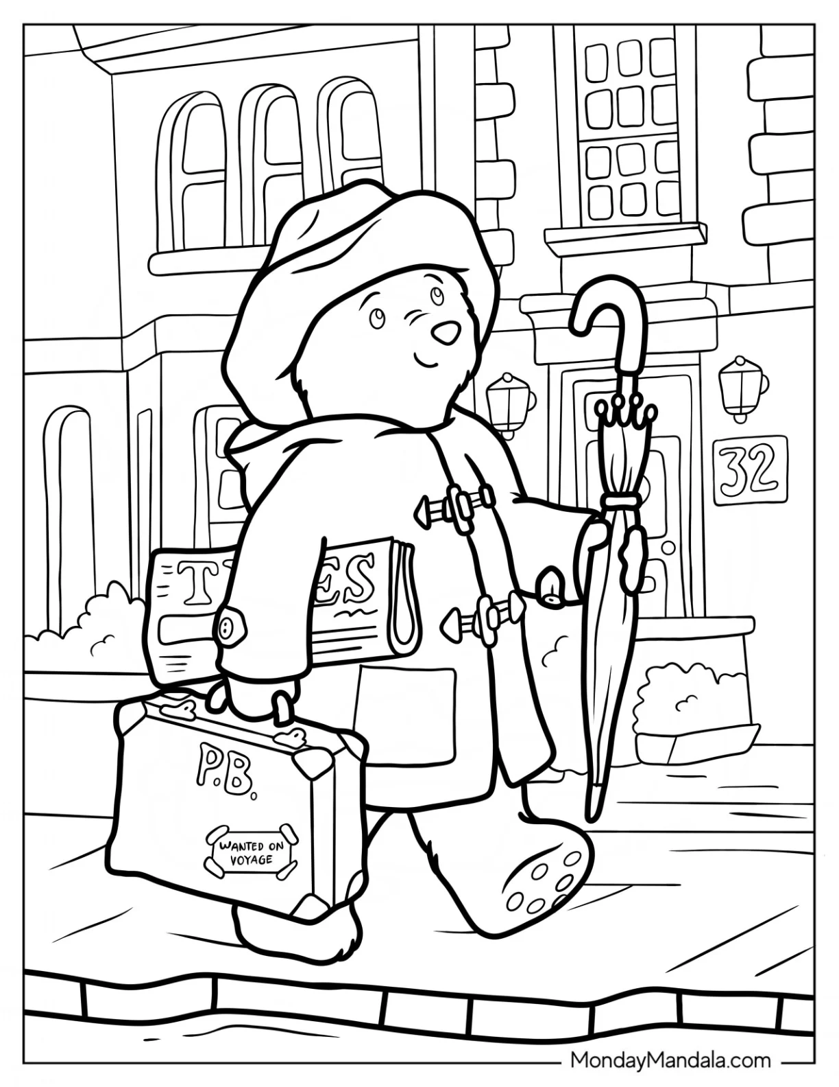 Paddington Coloring Page Carrying His Suitcase, Umbrella, And Newspapers While Walking On The Sidewalk coloring page