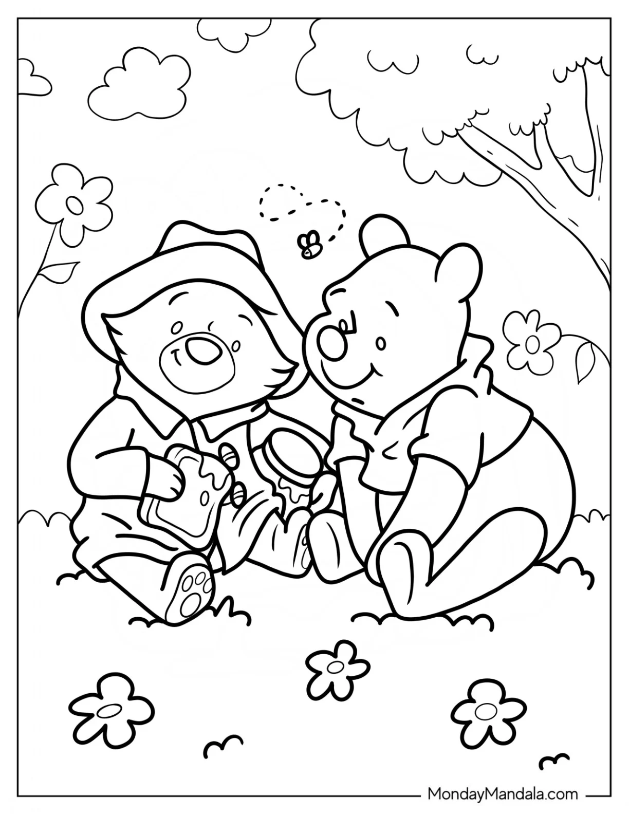 Paddington Coloring Page Eating A Sandwich With Winnie The Pooh coloring page