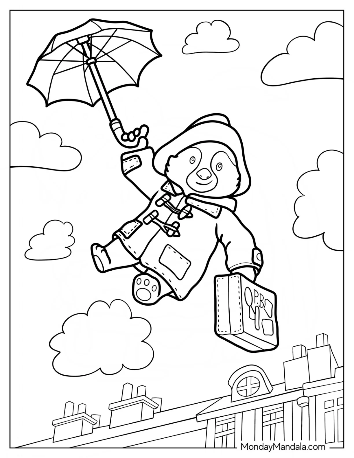 Paddington Coloring Page Flying In The Sky With His Umbrella And Suitcase coloring page