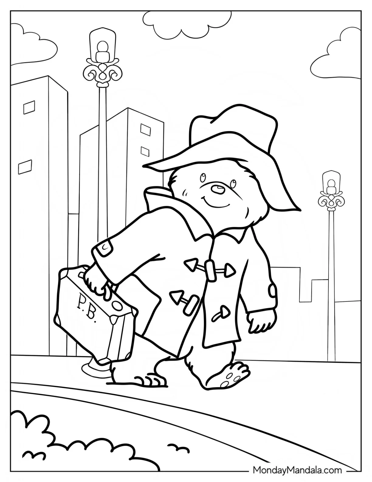 Paddington Coloring Page On The Sidewalk For Kids coloring page
