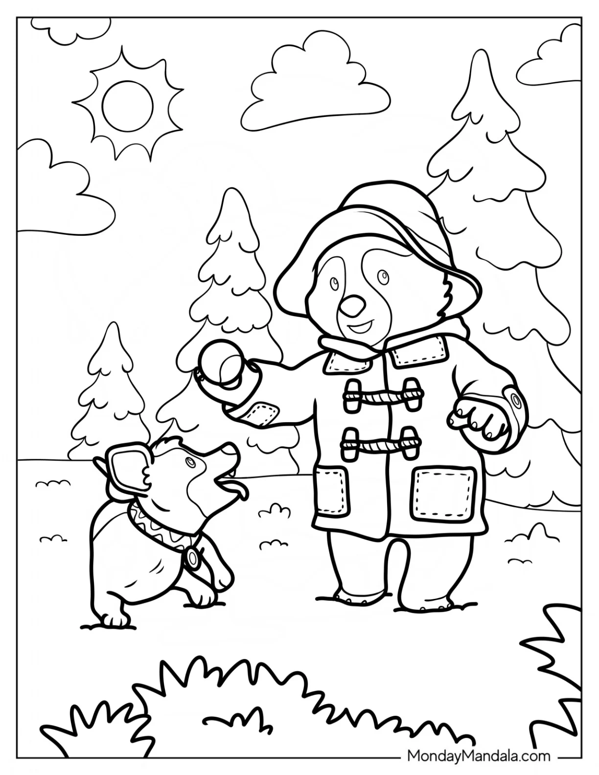 Paddington Coloring Page Playing With A Dog For Kids coloring page