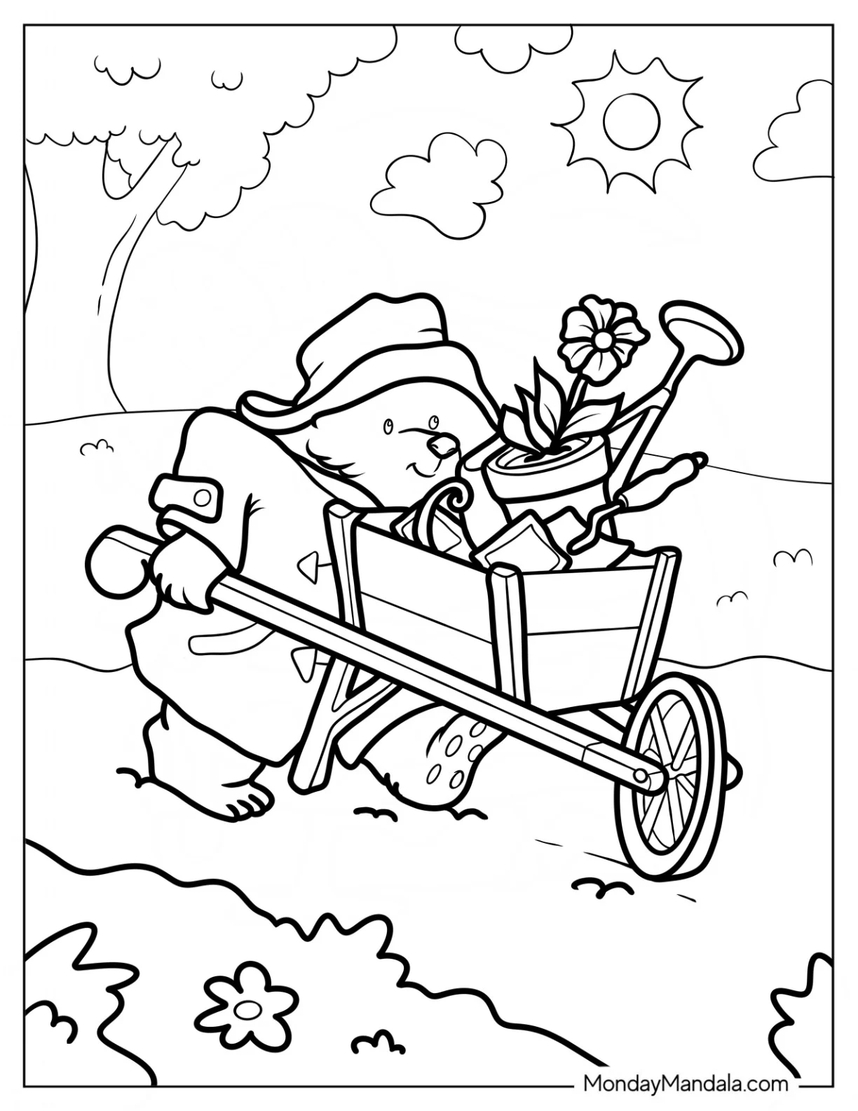 Paddington Coloring Page Pushing A Wheelbarrow Full Of Gardening Tools coloring page