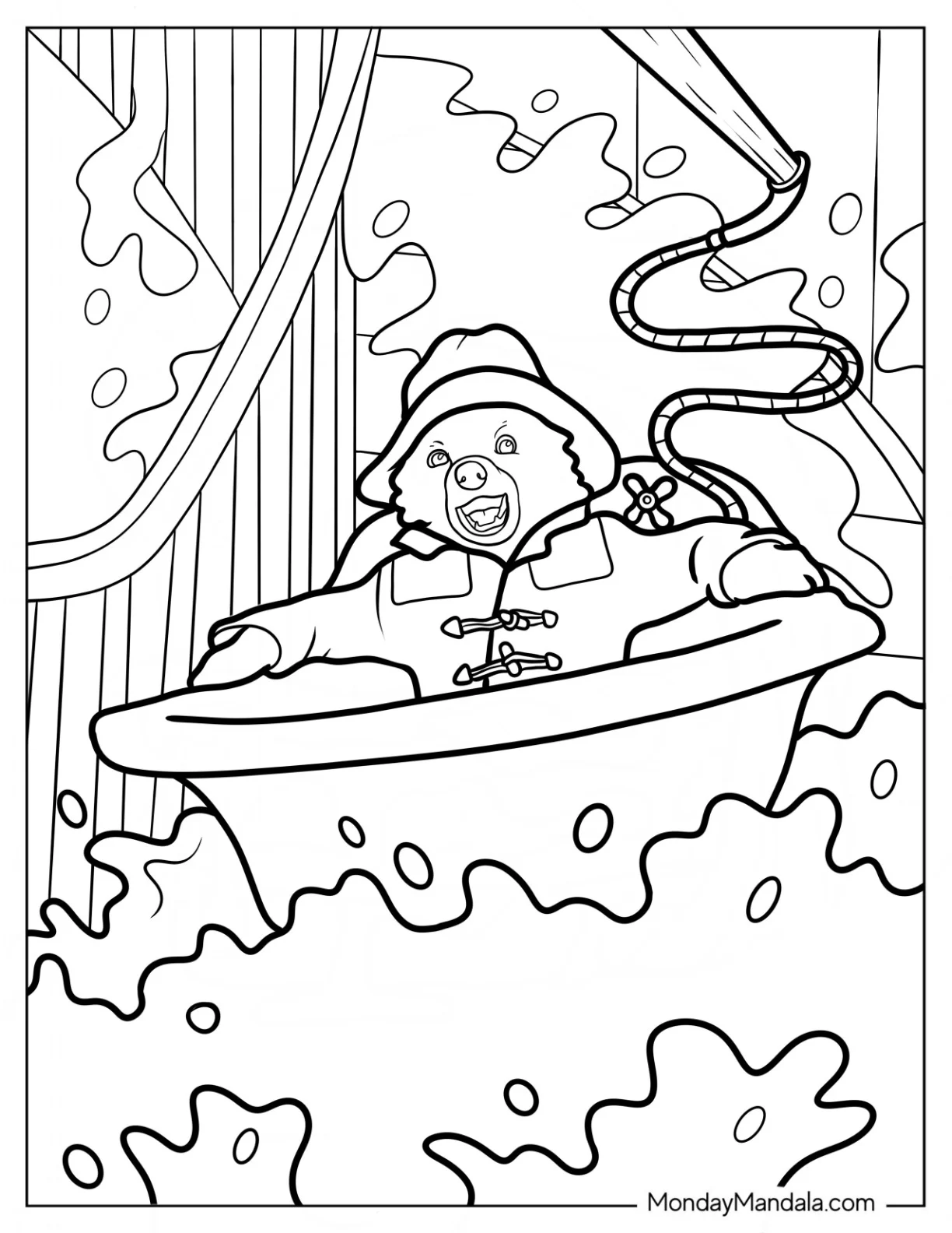 Paddington Coloring Page Riding Bathtub Down A Flooded Stairs coloring page