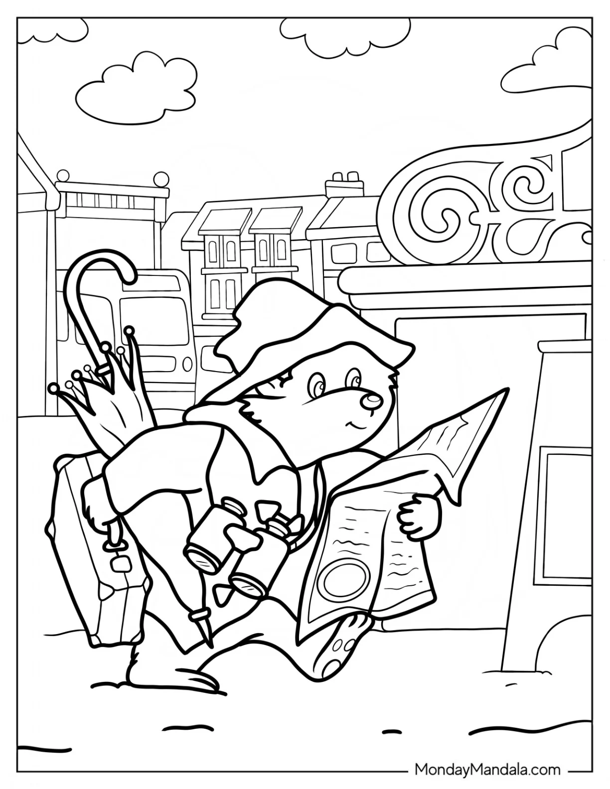 Paddington Coloring Page Rushing In London With His Newspaper, Umbrella, And Suitcase coloring page