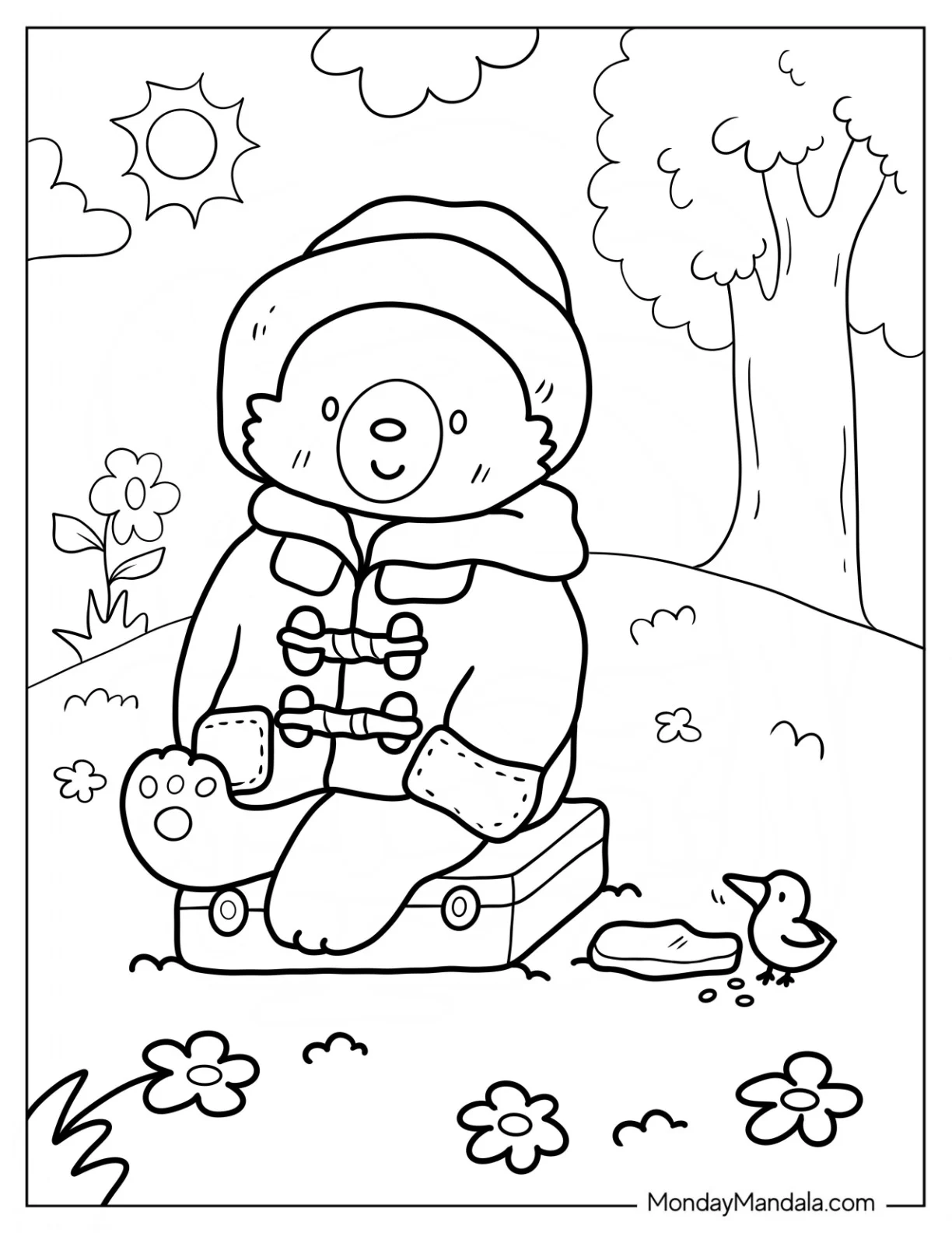 Simple Paddington Coloring Page Sitting On His Suitcase In The Park For Preschoolers coloring page