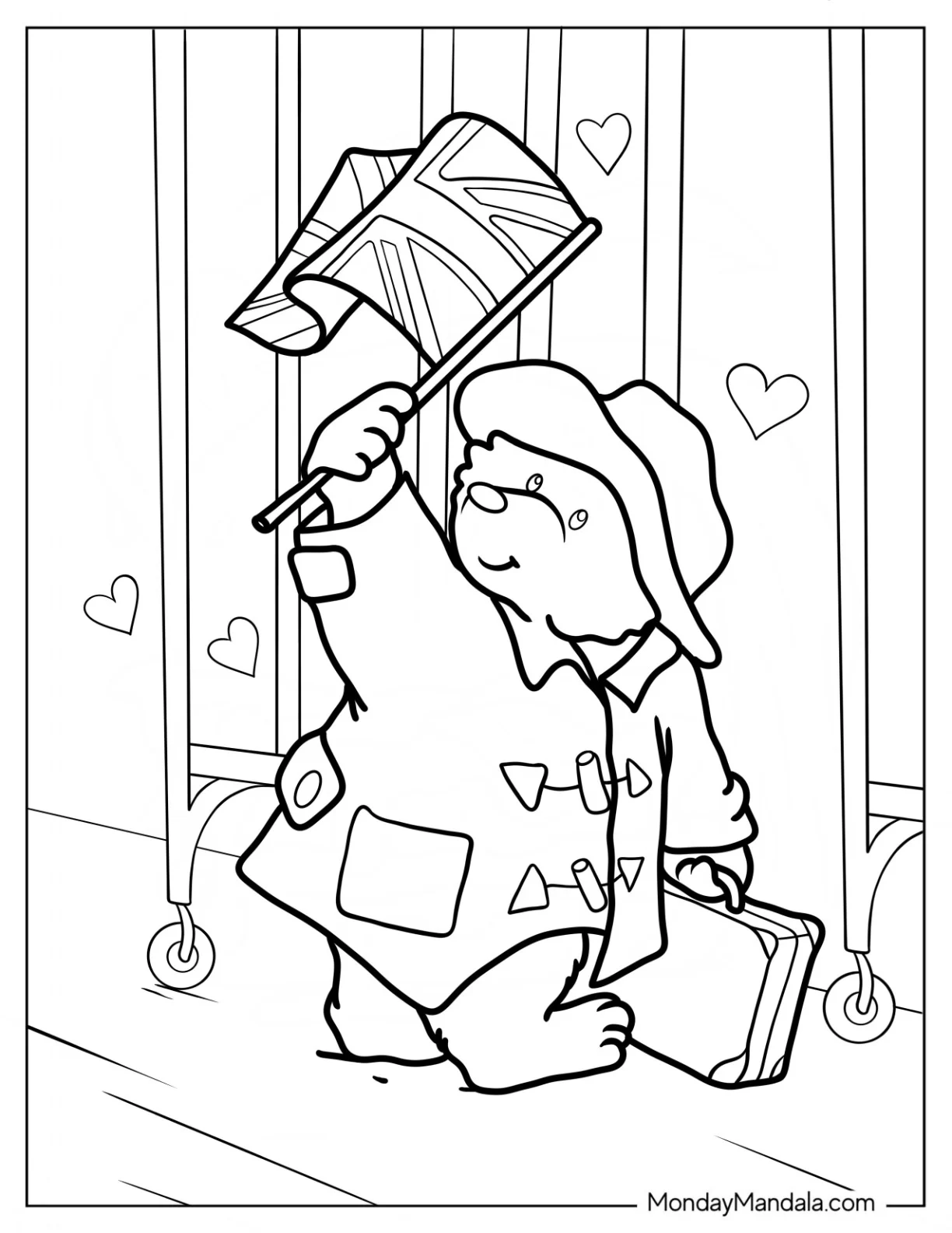 Simple Paddington Coloring Page Waving The British Flag While Walking coloring page