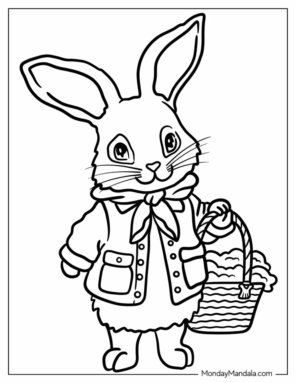 Cute Bunny Rabbit In A Jacket Carrying Basket Peter Rabbit Coloring Page For Preschoolers coloring page