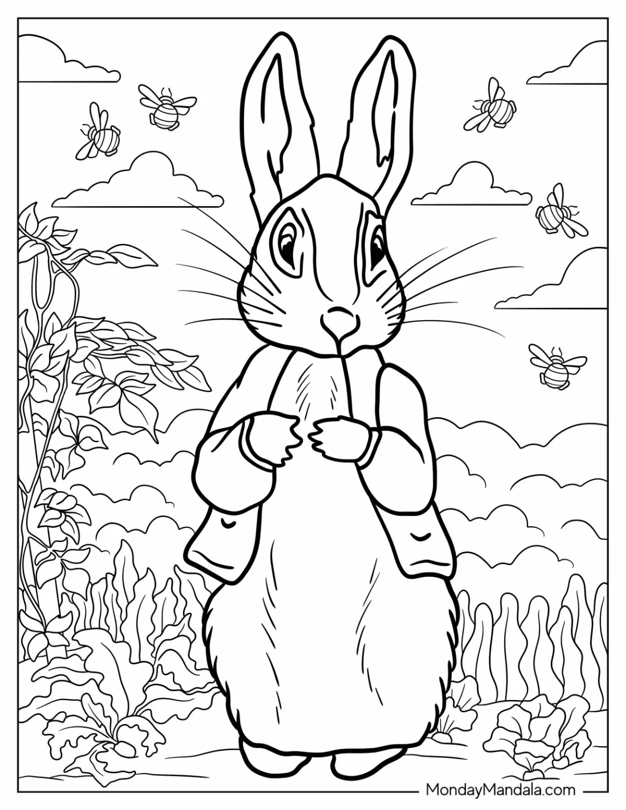 Detailed Peter Rabbit Coloring Page In The Garden For Kids coloring page