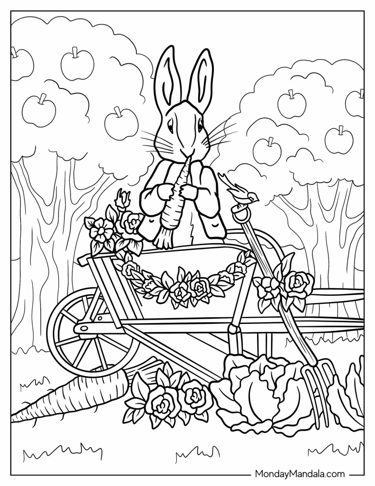 Detailed Peter Rabbit Coloring Page Riding A Wheelbarrow While Eating A Carrot coloring page