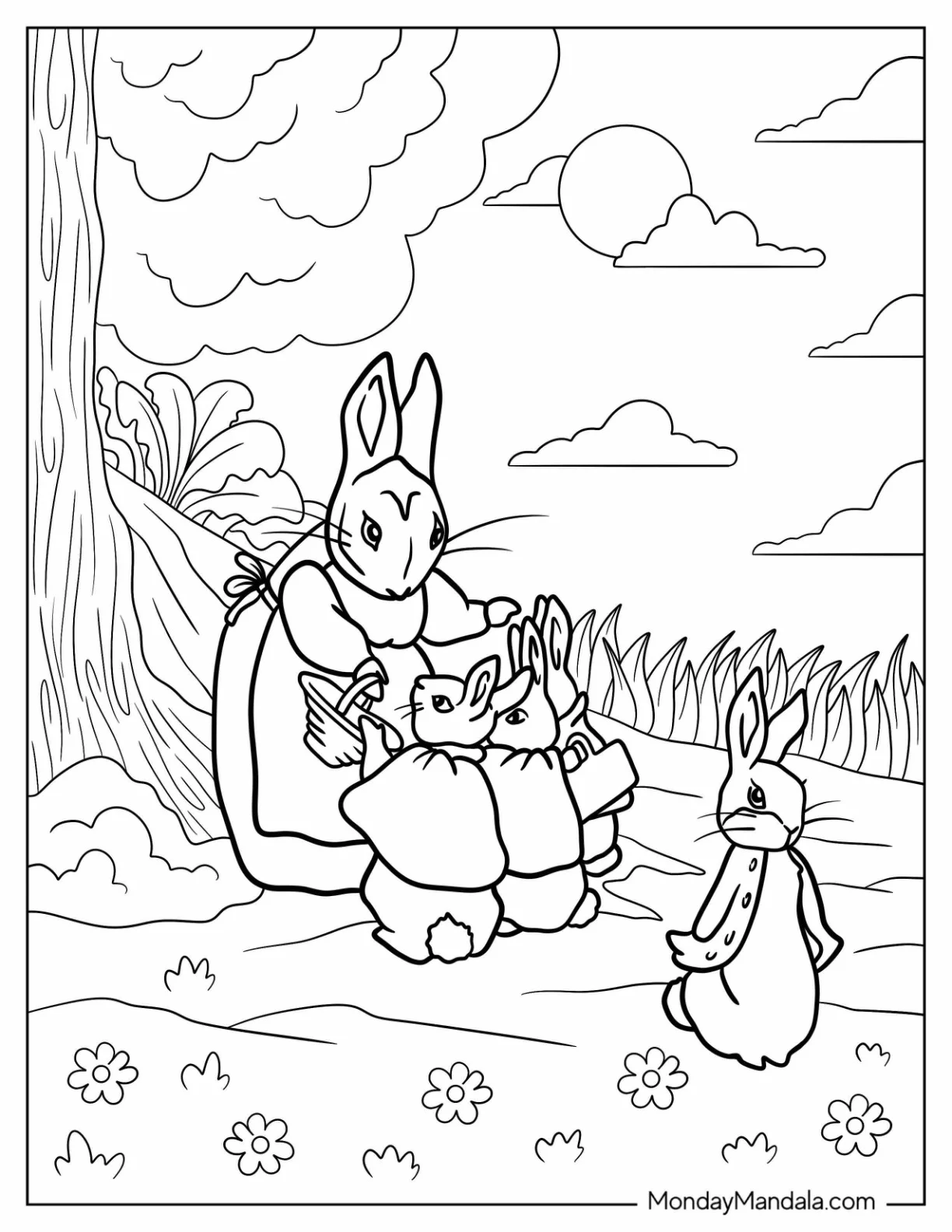 Josephine Rabbit Caring For Flopsy, Mopsy, Cotton Tail, And Peter Rabbit Coloring Page coloring page