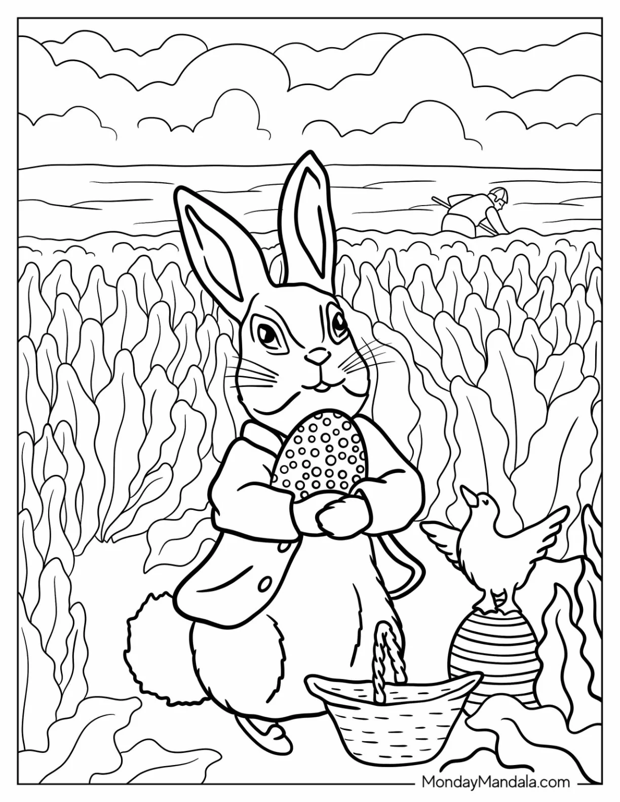 Peter Rabbit Coloring Page Holding An Easter Egg In A Field coloring page