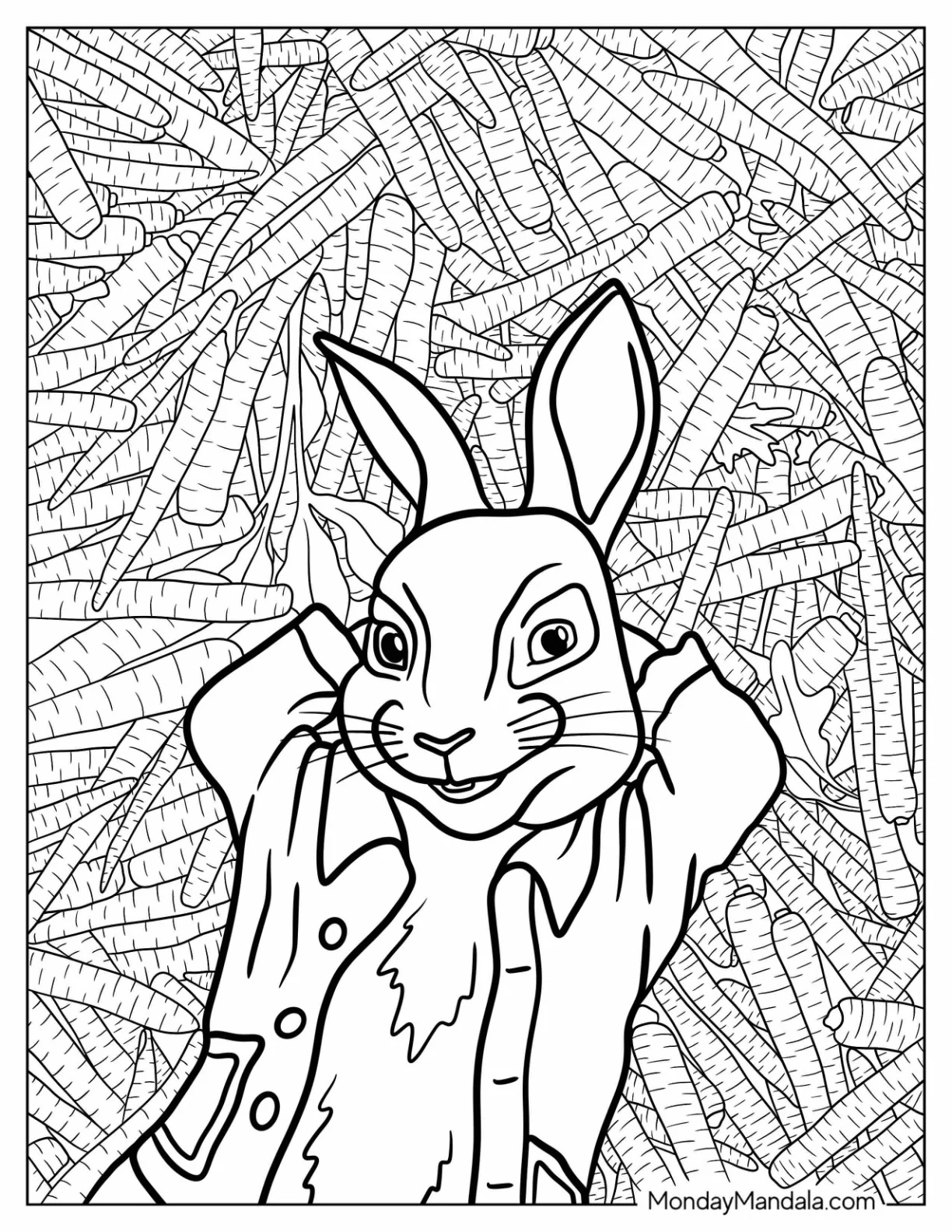 Peter Rabbit Coloring Page Lying On A Bed Of Carrots coloring page