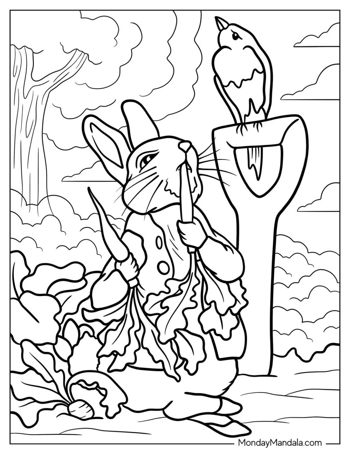 Peter Rabbit Coloring Page Nibbling On A Carrot While Looking Up At A Bird coloring page