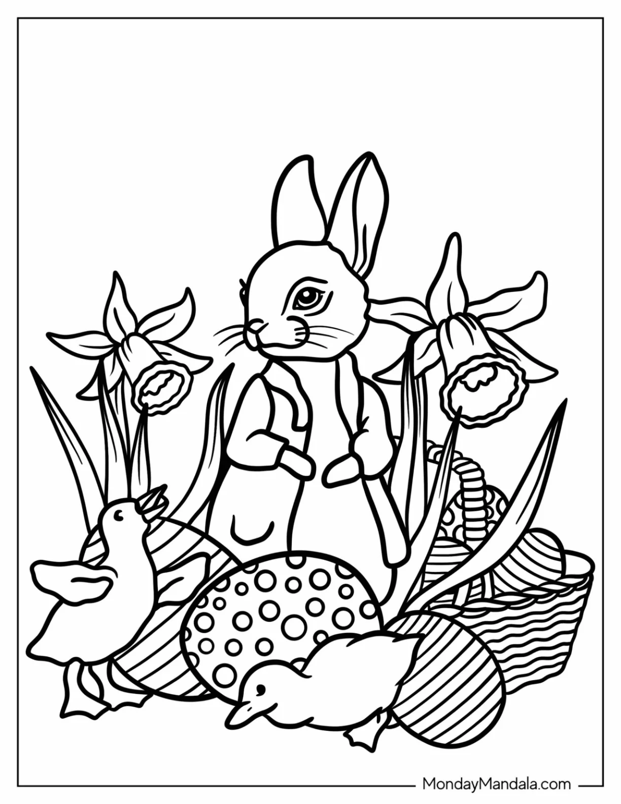 Peter Rabbit Coloring Page Surrounded By Ducklings And Easter Eggs coloring page