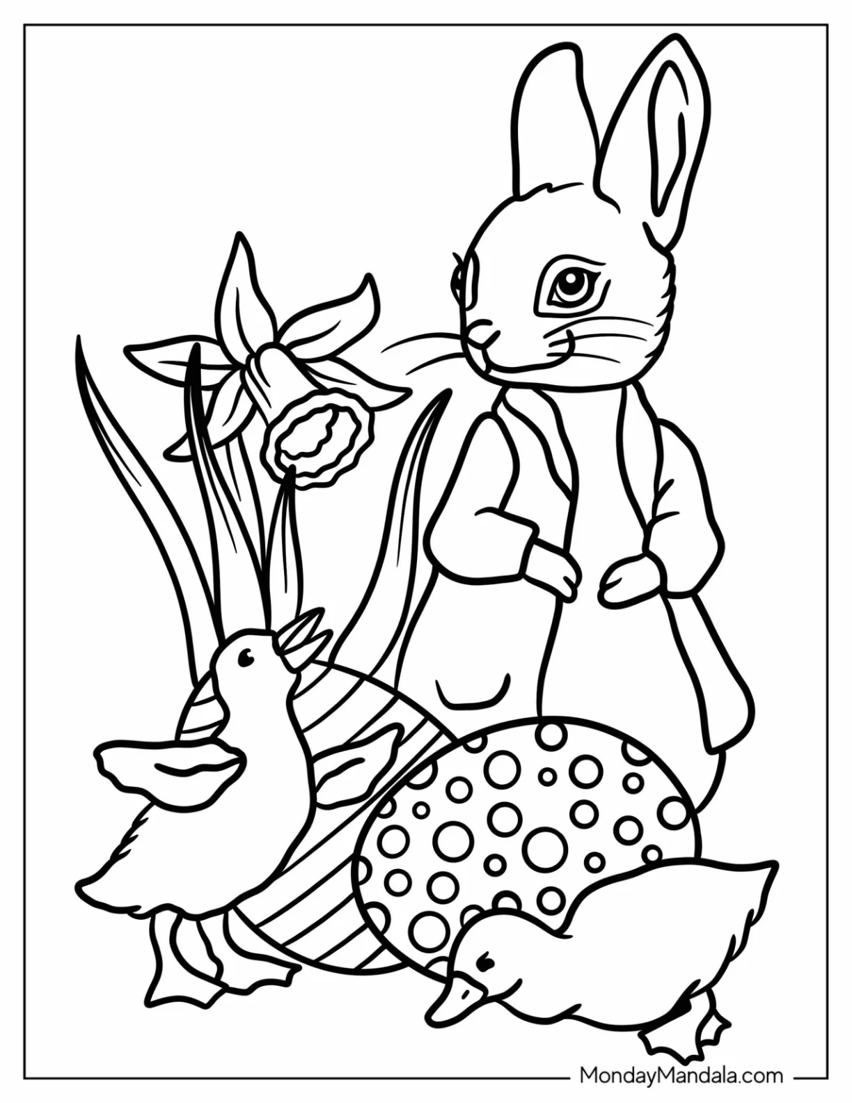 Peter Rabbit Coloring Page With Easter Eggs And Ducklings coloring page