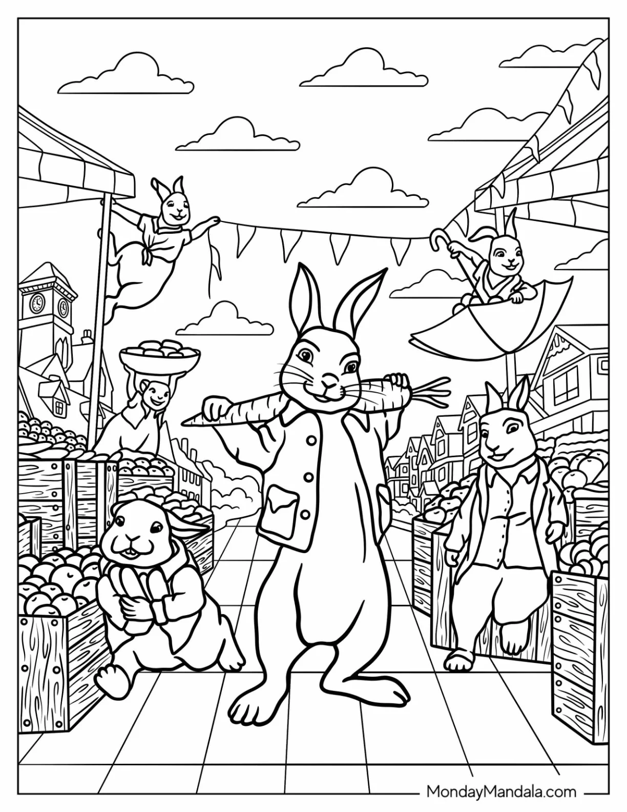 Peter Rabbit Coloring Page With Friends In The Market coloring page