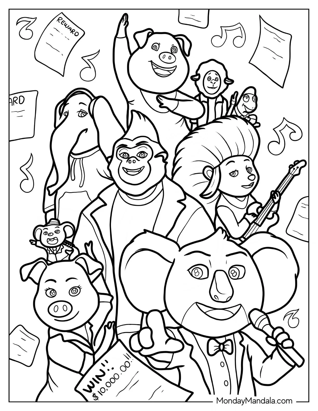 Sing Coloring Page Of Buster Moon With Rosita, Mike, Ash, Johnny, Meena, Gunter, And Eddie coloring page