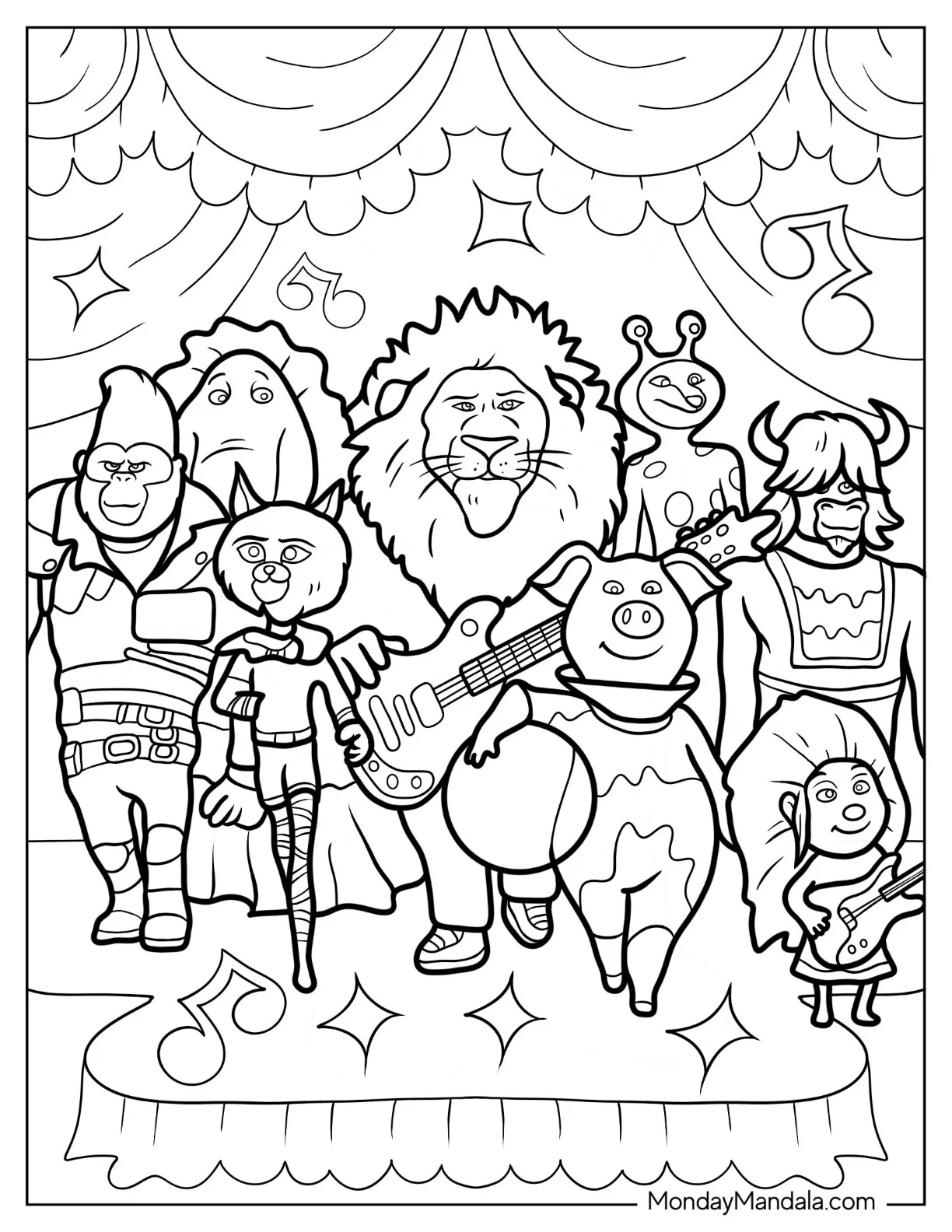 Sing Coloring Page Of Clay, Rosita, Johnny, Meena, Ash, And Friends In Rock N Roll Costumes coloring page