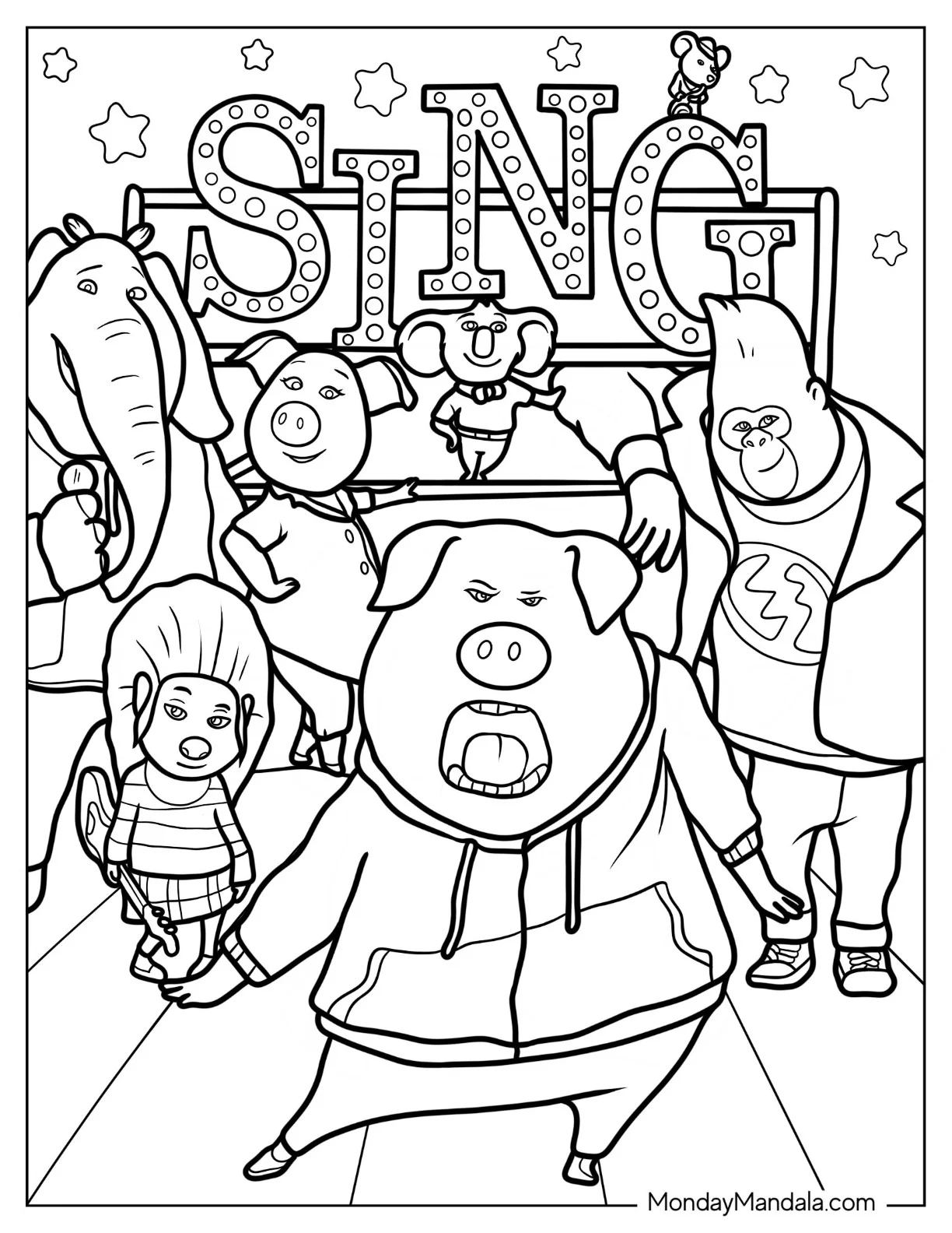 Sing Coloring Page Of Gunter, Rosita, Buster Moon, Johnny, Ash, And Meena In Sing Poster coloring page