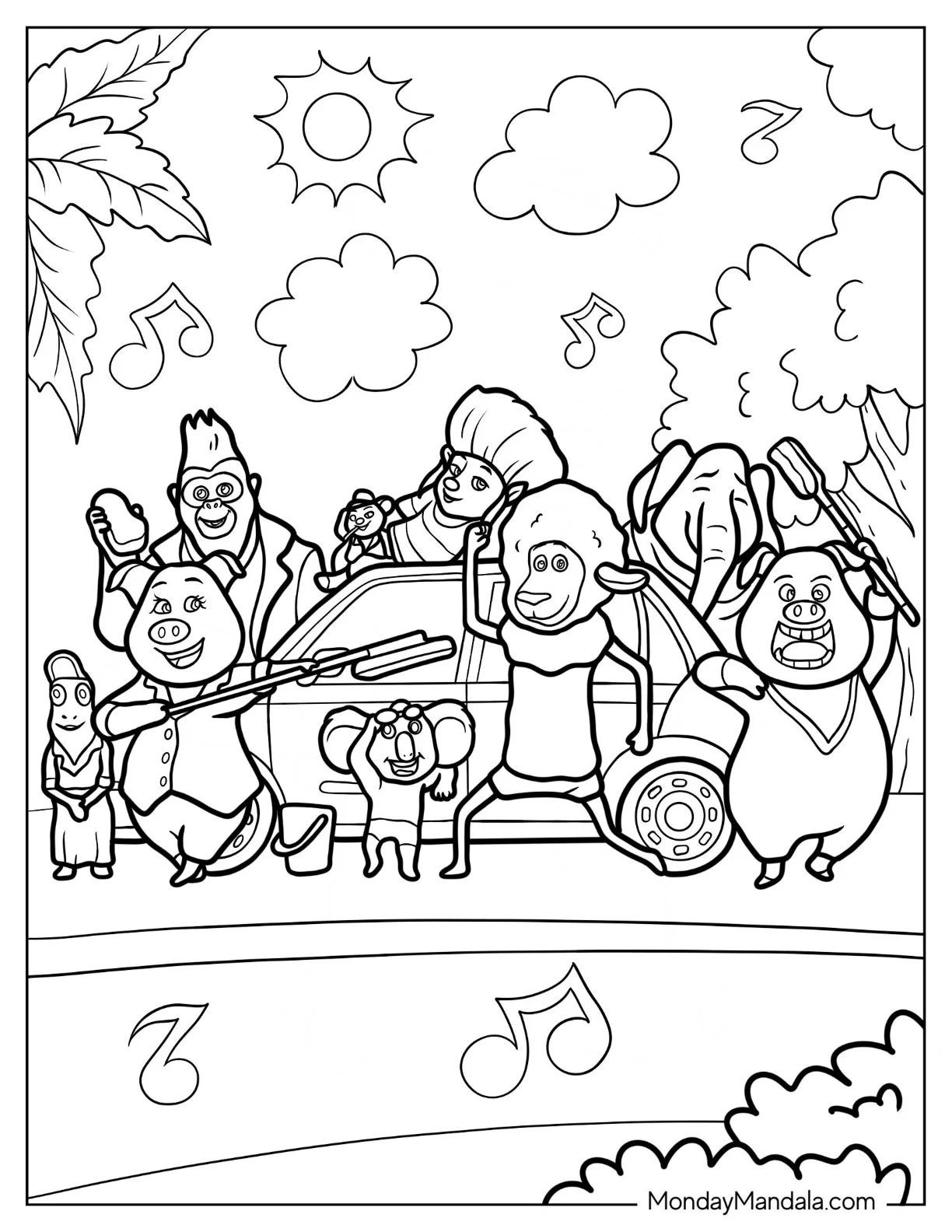 Sing Coloring Page Of Rosita, Gunter, And Friends Singing And Dancing In Front Of Car coloring page