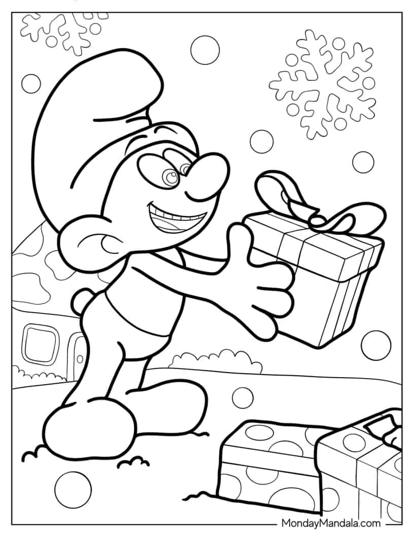 Coloring Page Of Jokey Smurf With Christmas Present coloring page