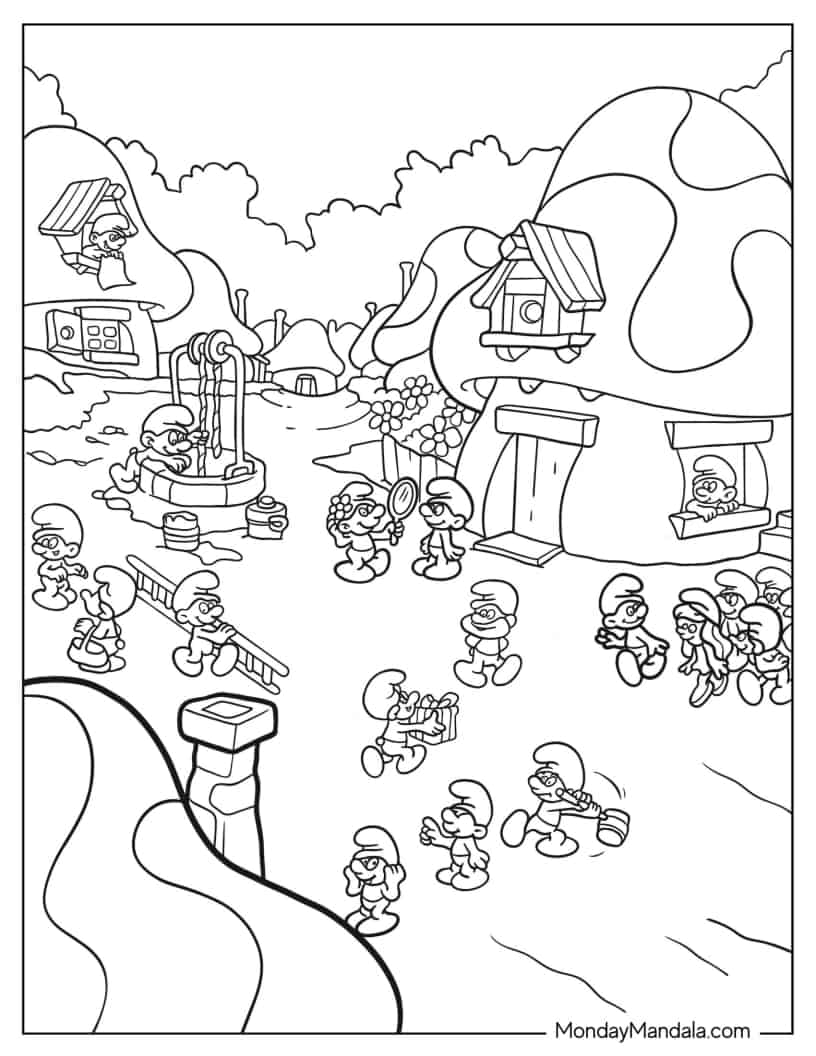 Detailed Smurf Village Coloring In coloring page