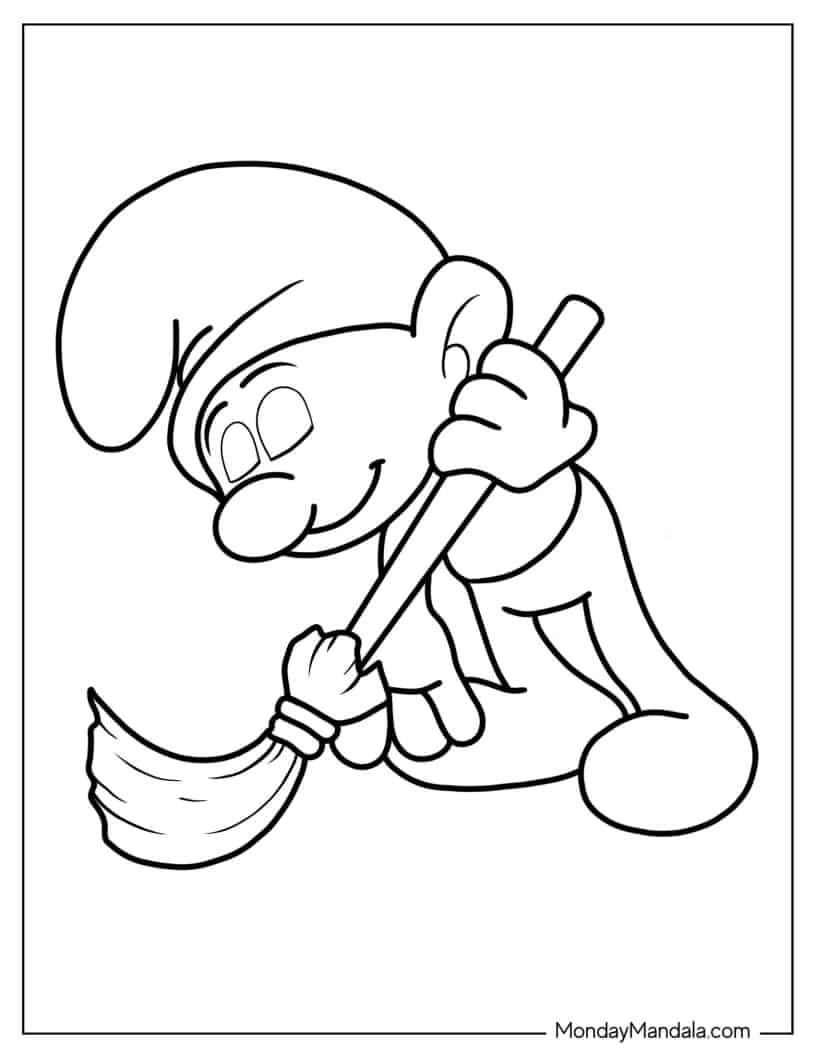 Lazy Smurf Napping While Sweeping Floor coloring page