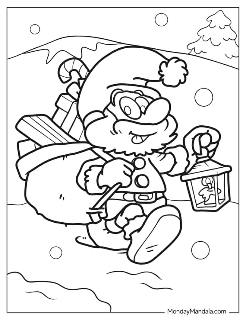 Santa Smurf Carrying Christmas Presents coloring page