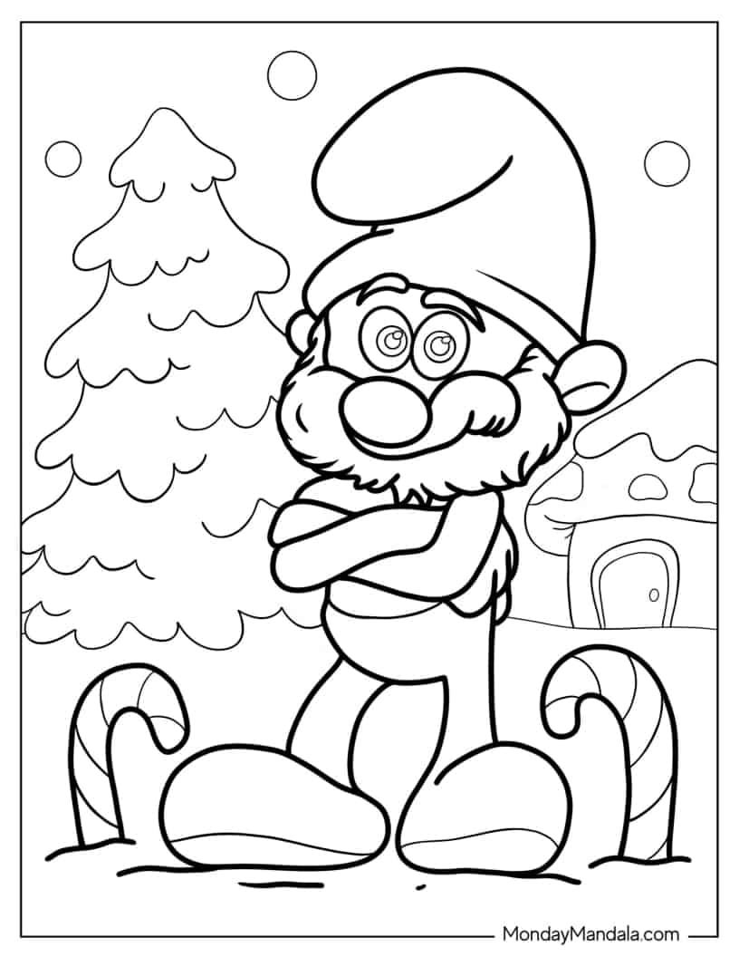 Santa Smurf With Christmas Candy Canes coloring page