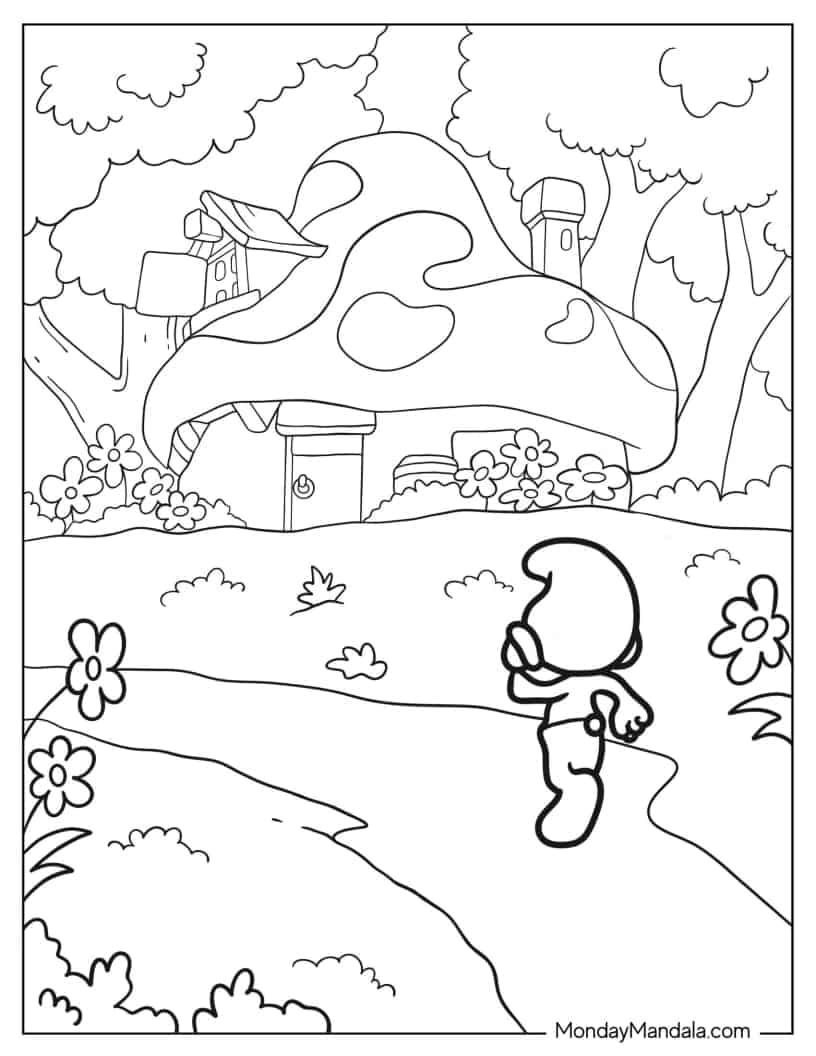 Smurf Running To Mushroom House Coloring Sheet coloring page