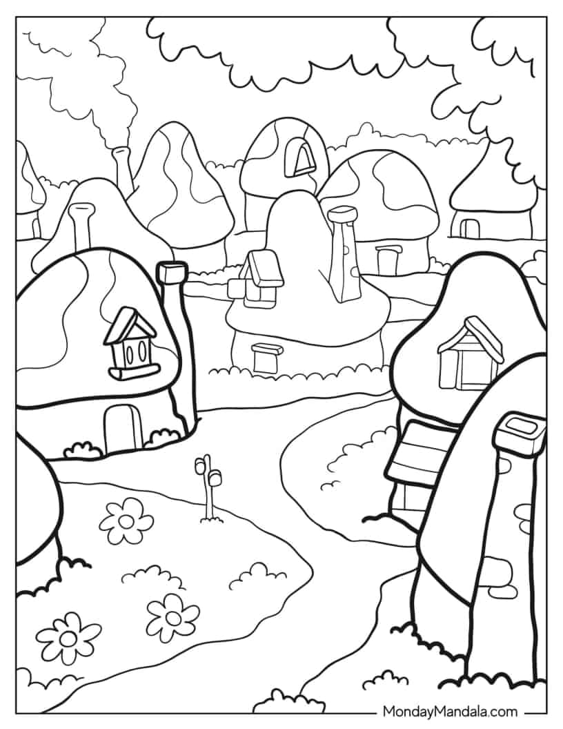 Smurf Village Houses coloring page