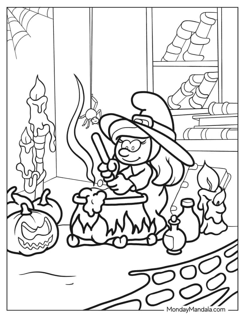 Witch Smurfette With Cauldron coloring page