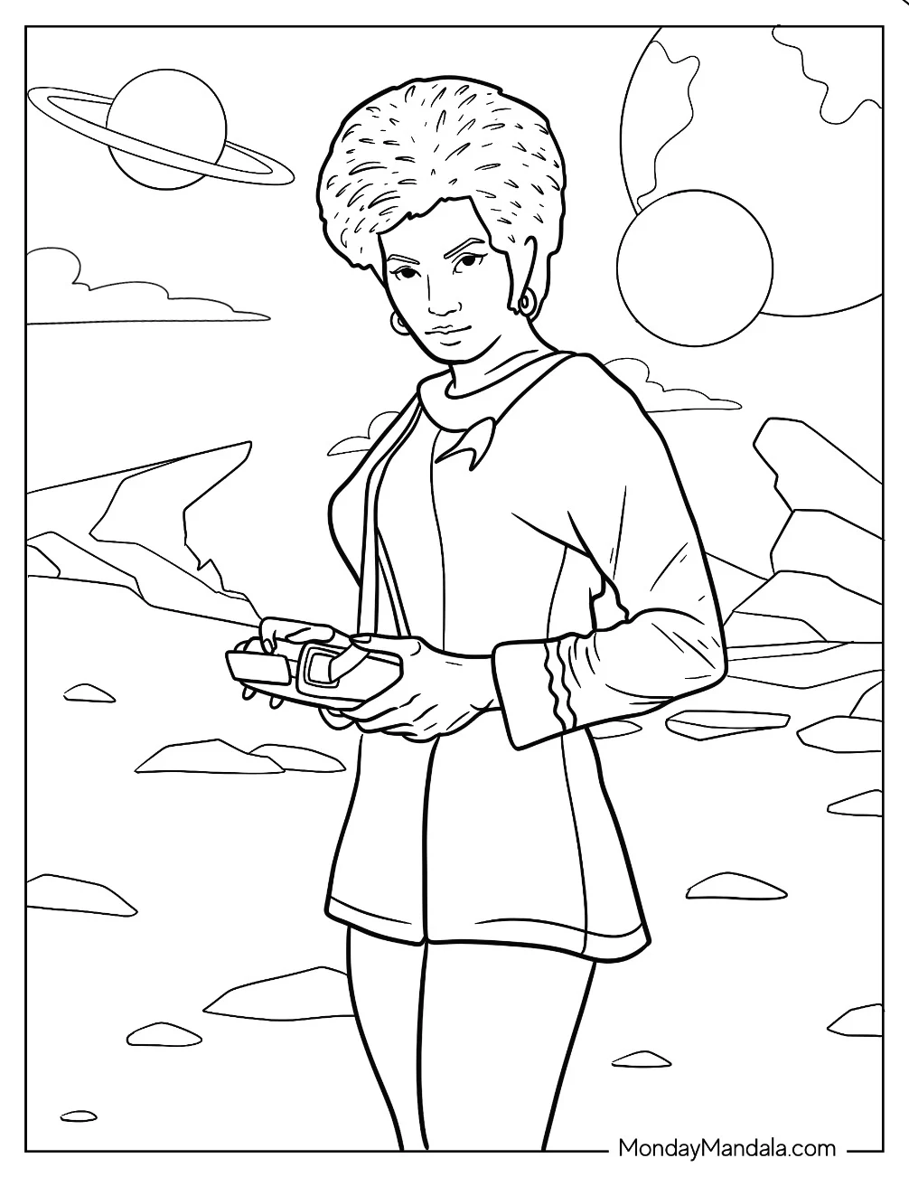 Nyota Uhura Holding Device Star Trek Coloring Page coloring page