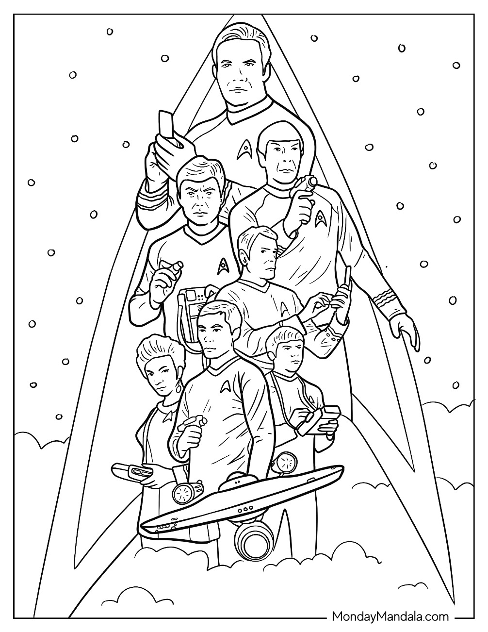 Star Trek Coloring Page Of Admiral Kirk, Spock, Leonard McCoy, Nyota Uhura, Christopher Pike, Pavel Chekov, And Hikaru Sulu coloring page