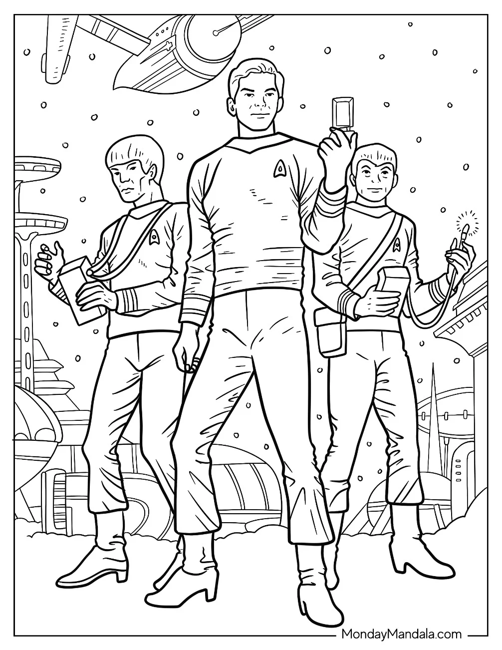 Star Trek Coloring Page Of Admiral Kirk With Spock And Leonard McCoy Below USS Enterprise coloring page