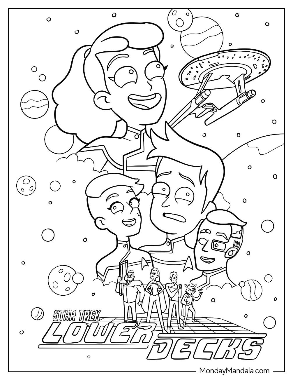 Star Trek Coloring Page Of Lower Decks Beckett, Brad, D Vana, And Sam For Kids coloring page
